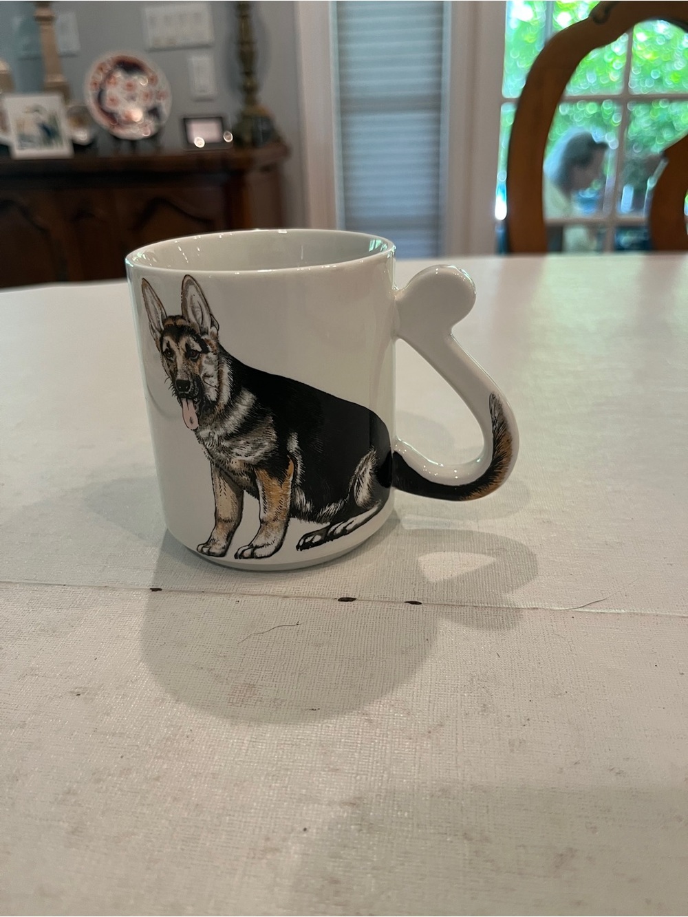 Vintage Brown & Black German Shepherd Illustration on white mug with tail handle